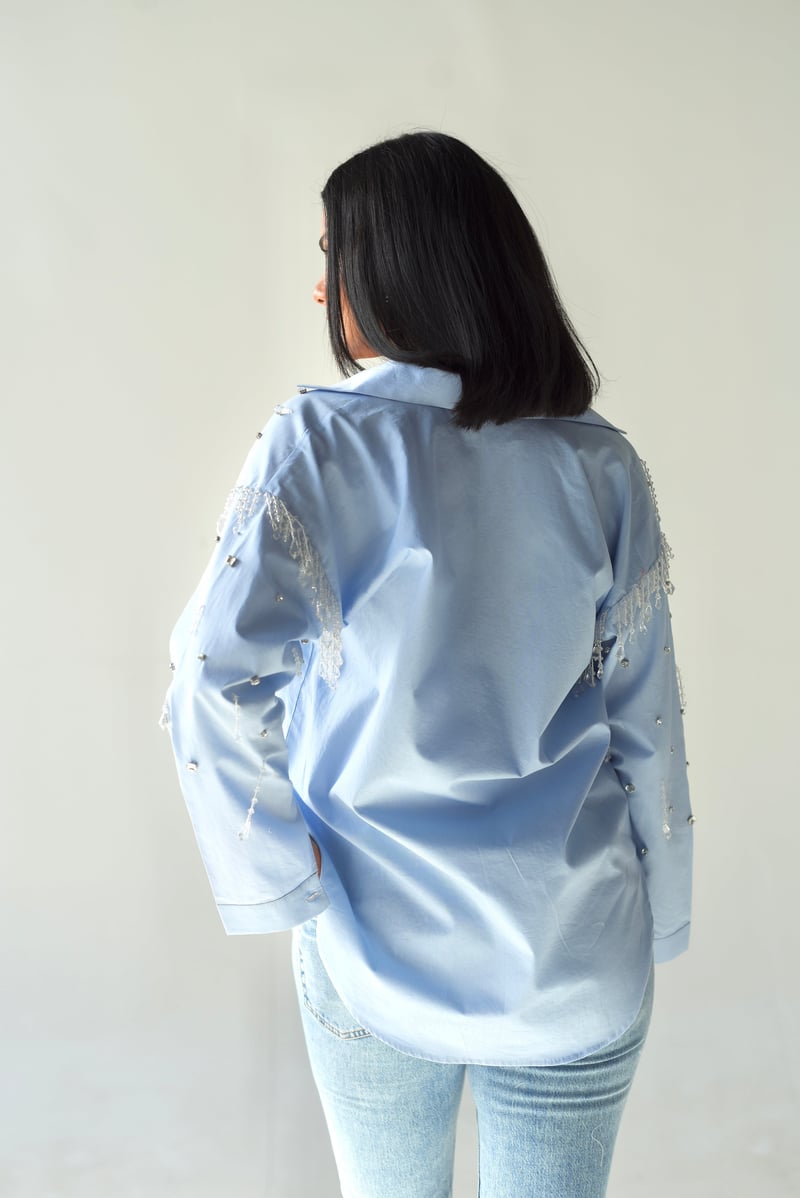 Blue Cotton Oversized Crystal-Embellished Shirt