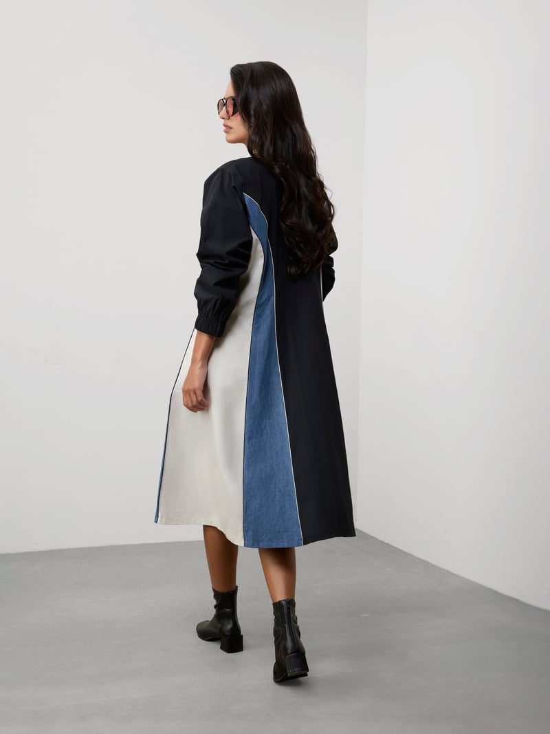 Black Colourblock Zip-Front Midi Dress