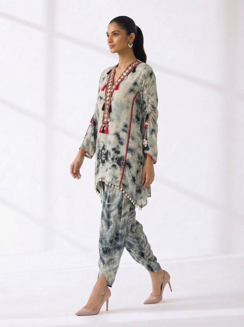 Tie-Dye Kurta Set with Embellished V-Neck