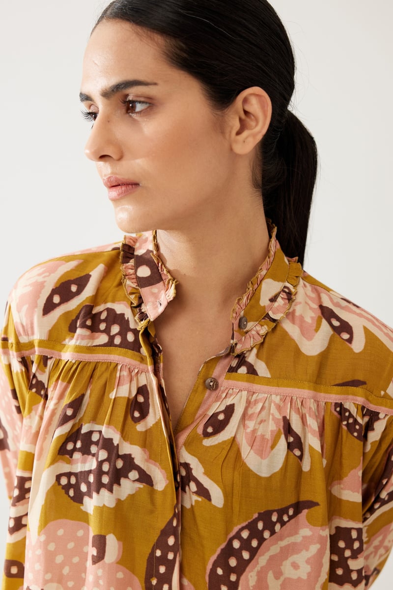 Mustard And Pink Floral Frill Collar Shirt