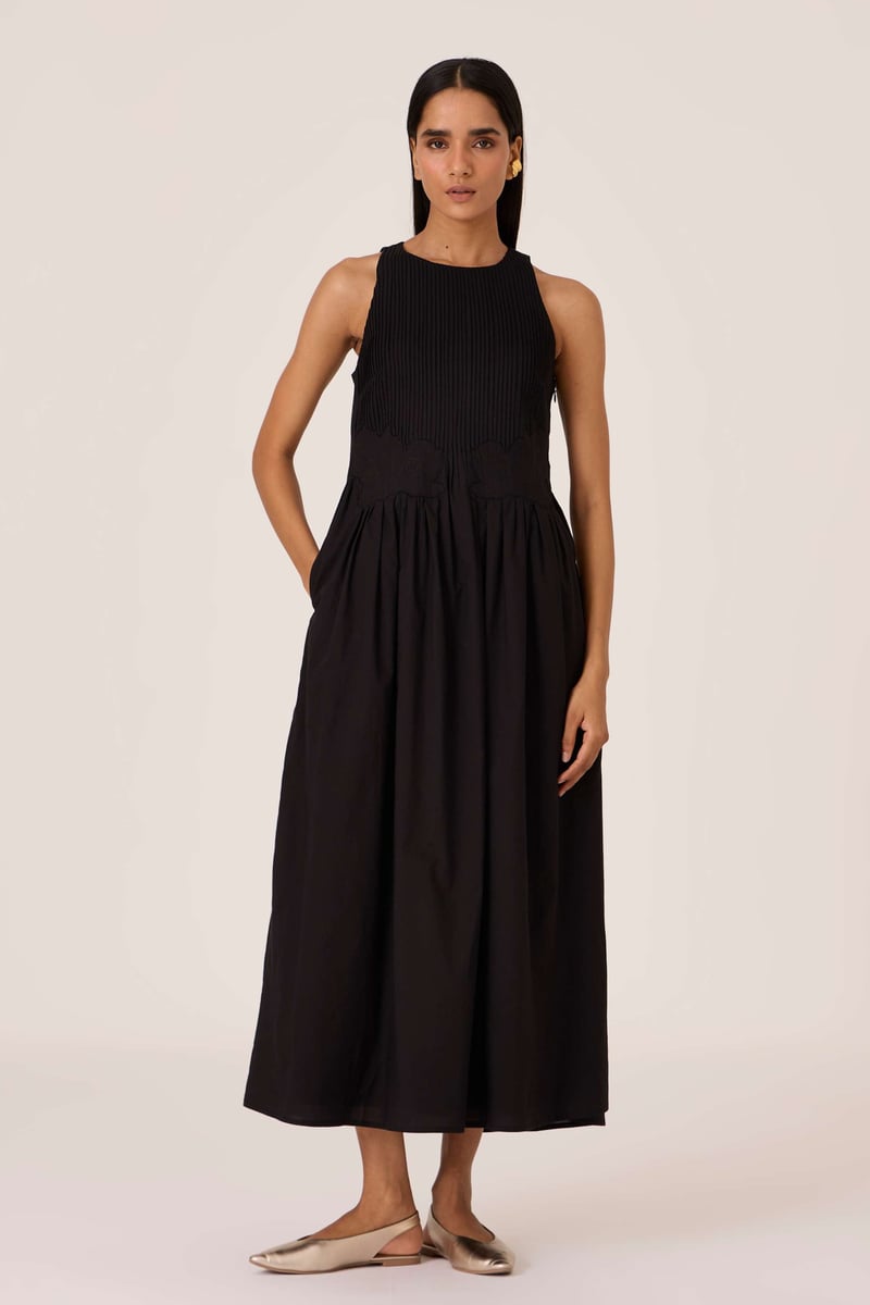Black Pintuck Bodice Embroidered Maxi Dress