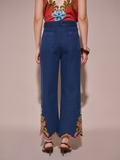 Blue High-Rise Wide-Leg Jeans with Hem Embroidery