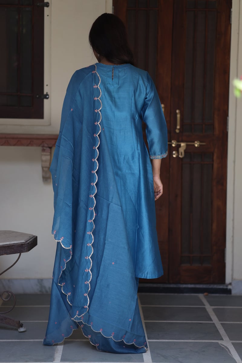 Prussian Blue Chanderi Embroidered Kurta Set with Dupatta