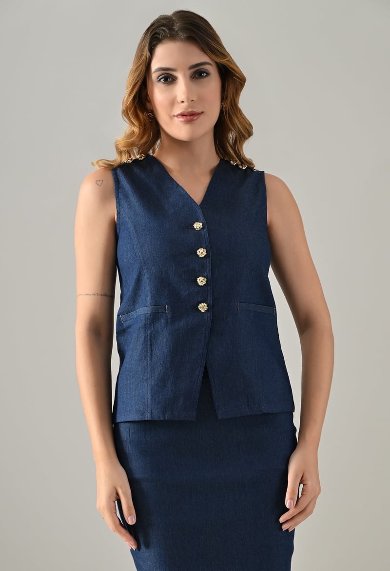 Blue Denim Waistcoat and Midi Pencil Skirt Co-ord Set