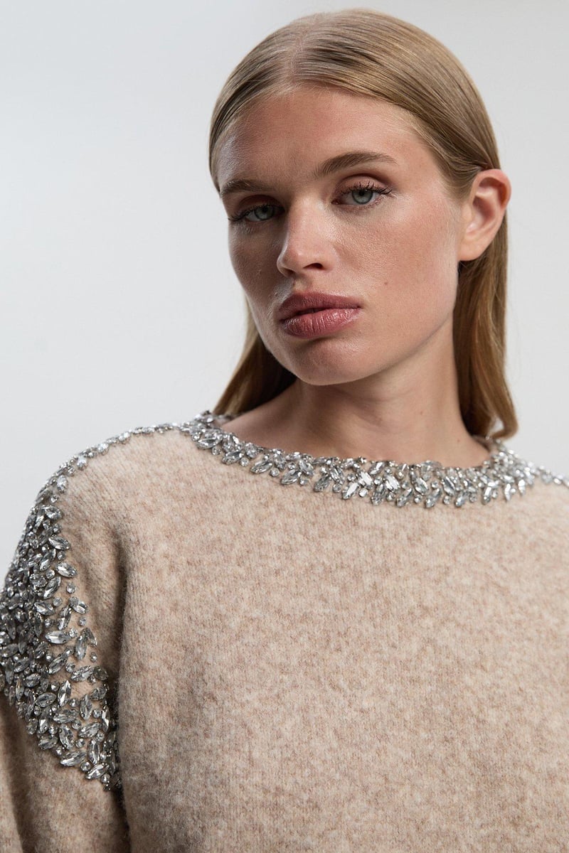 Oatmeal Embellished Trim Cosy Knit Jumper