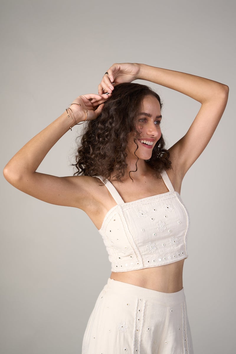 White Square Neck Mirror Embroidered Crop Top