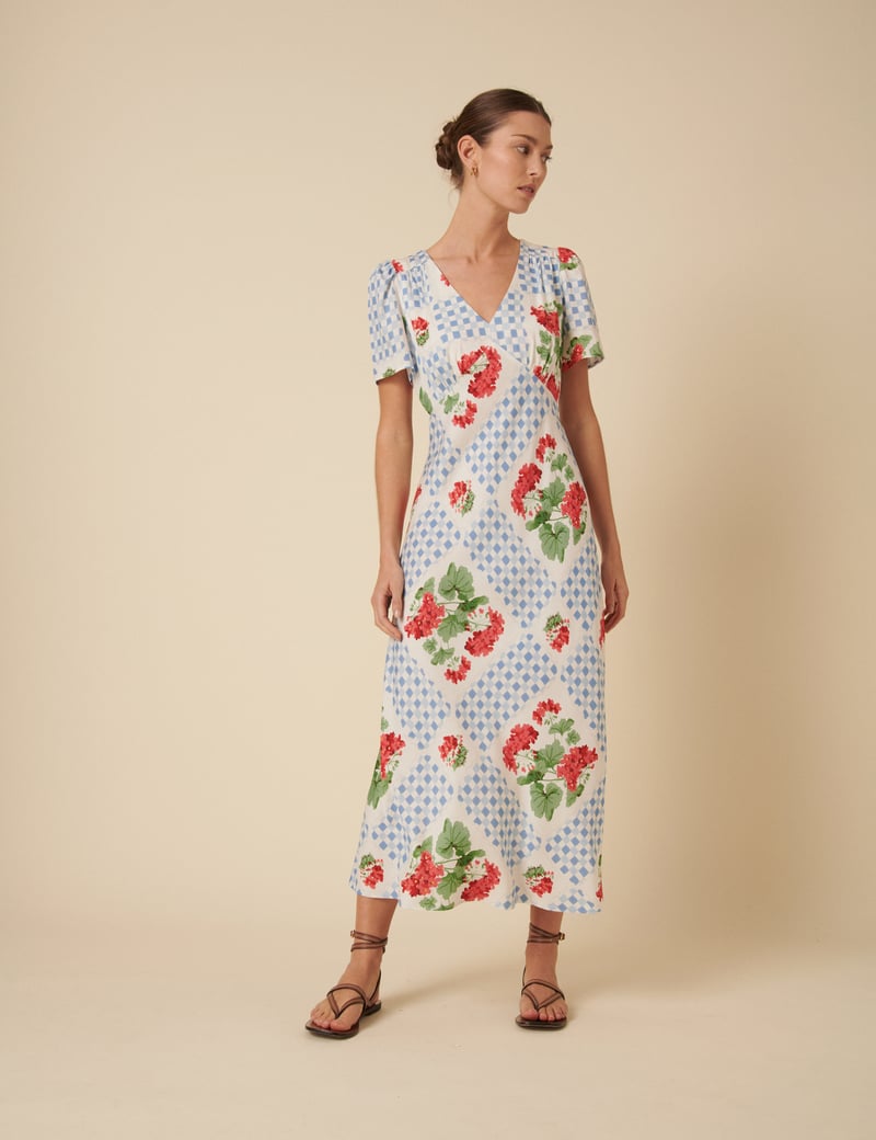 Blue Tile Print Floral V-Neck Midi Dress