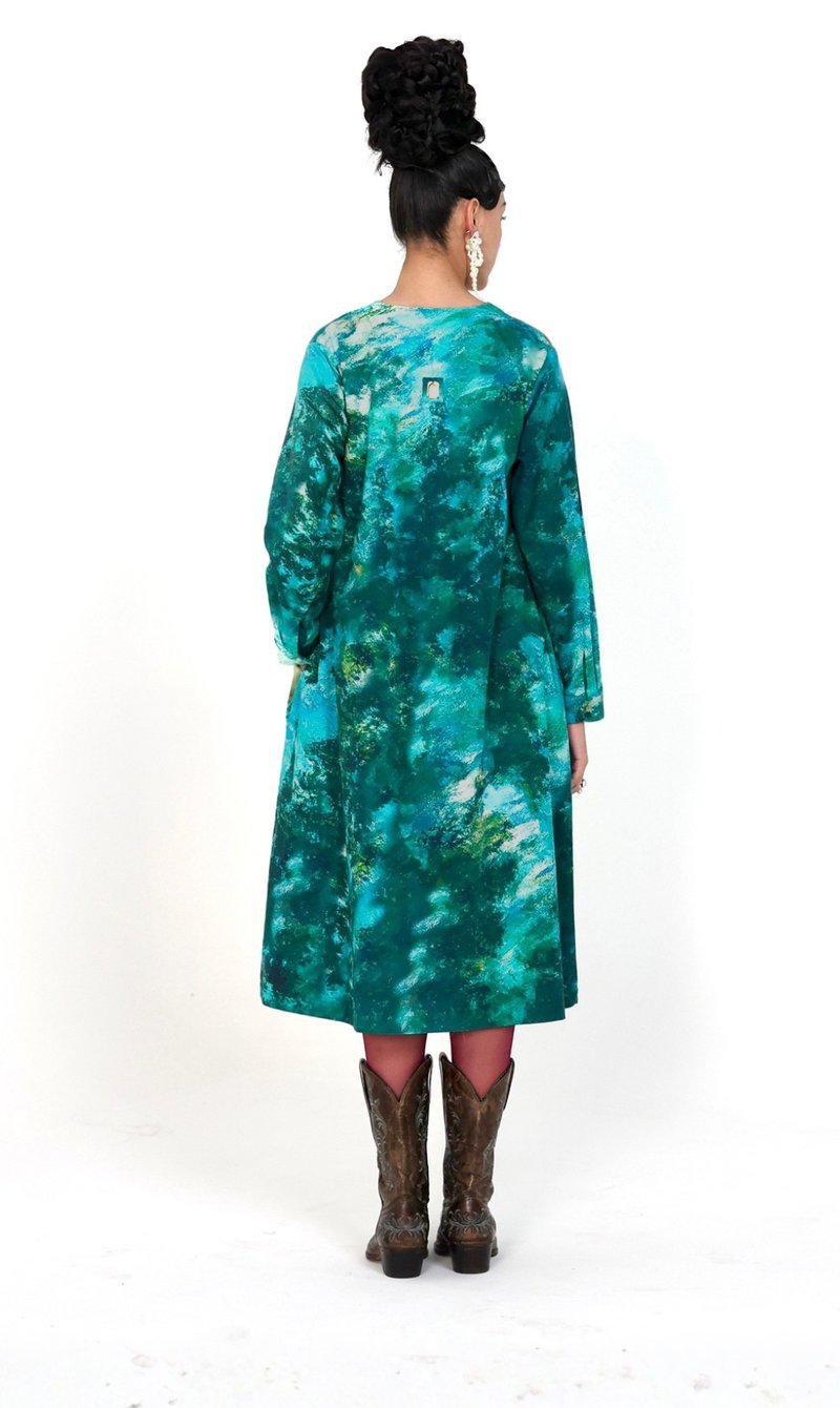 Multicolor Graphic Print Cotton Satin A-Line Midi Dress