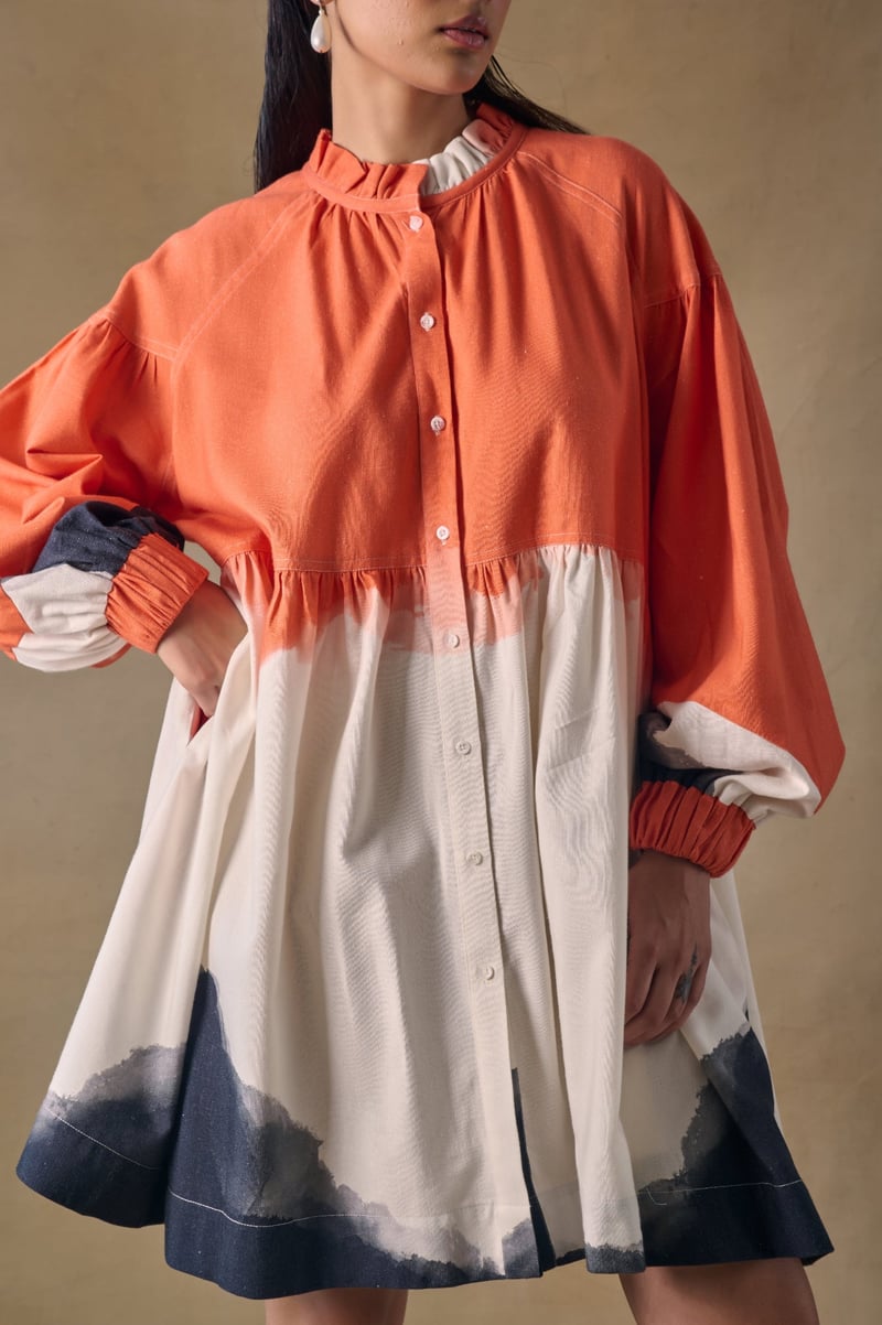 Orange Wash Printed Smock Mini Dress with Button-Down Front