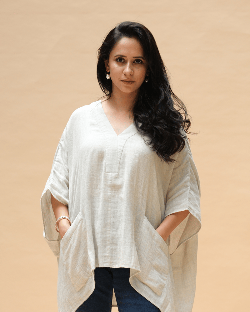 Natural Flowy V-Neck Free Size Poncho Top with Pockets