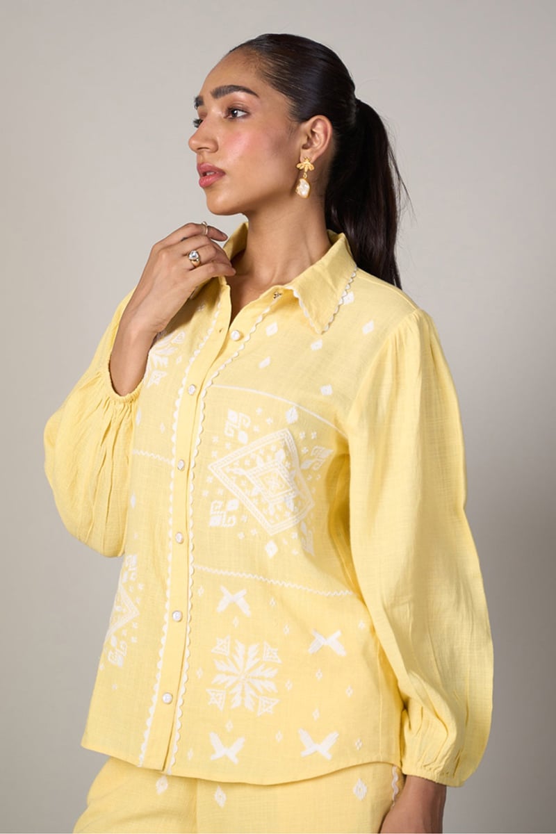 Yellow Embroidered Collared Button-Down Top