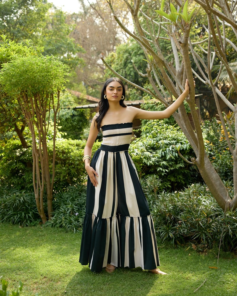 Black and White Striped Smocked Bandeau Maxi Jumpsuit