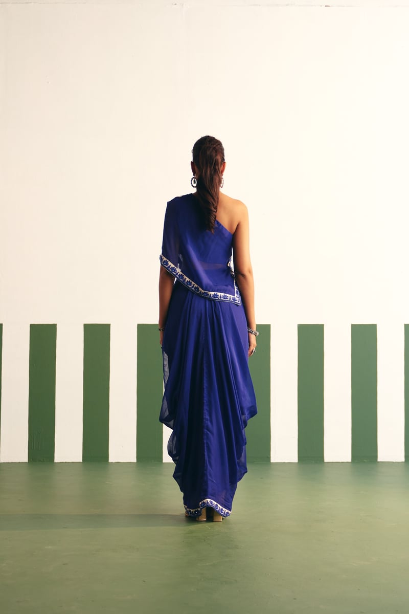 Ink Blue One-Shoulder Embroidered Kaftan Set