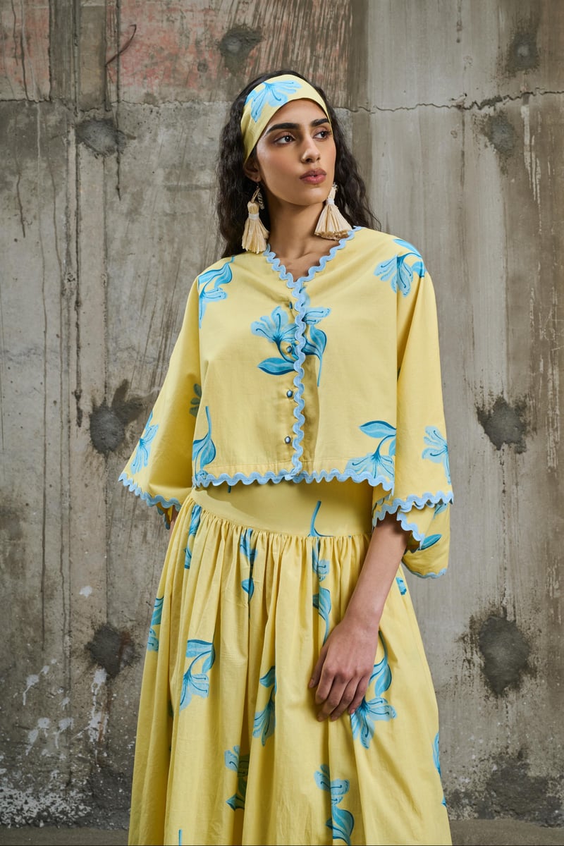 Yellow Floral Printed High-Waist Midi Skirt