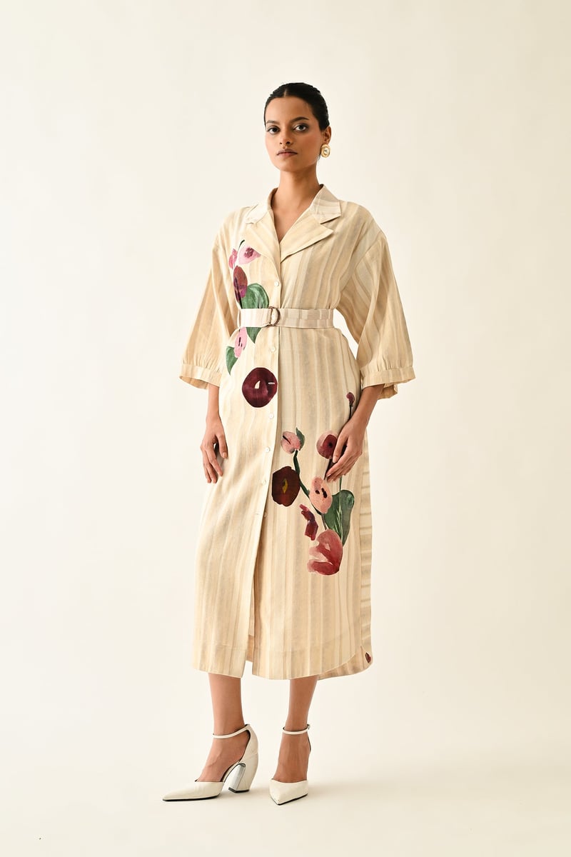 Off White Abstract Print Belted Midi Trench Shirt Dress