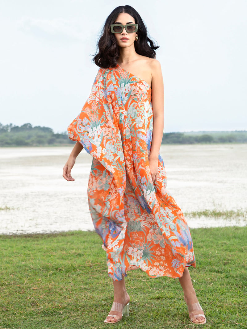 Orange One-Shoulder Floral Kaftan Midi Dress — Houseofsoi
