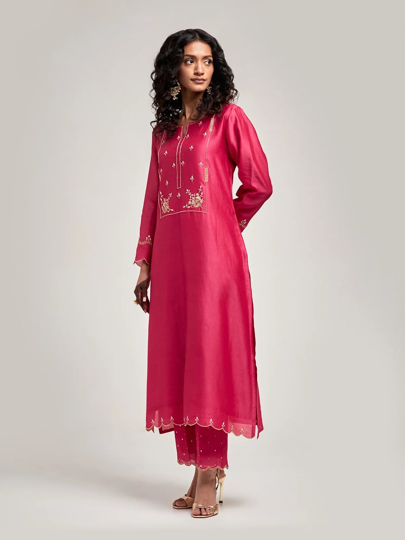 Fuchsia Silk Chanderi Embroidered Yoke Kurta Set