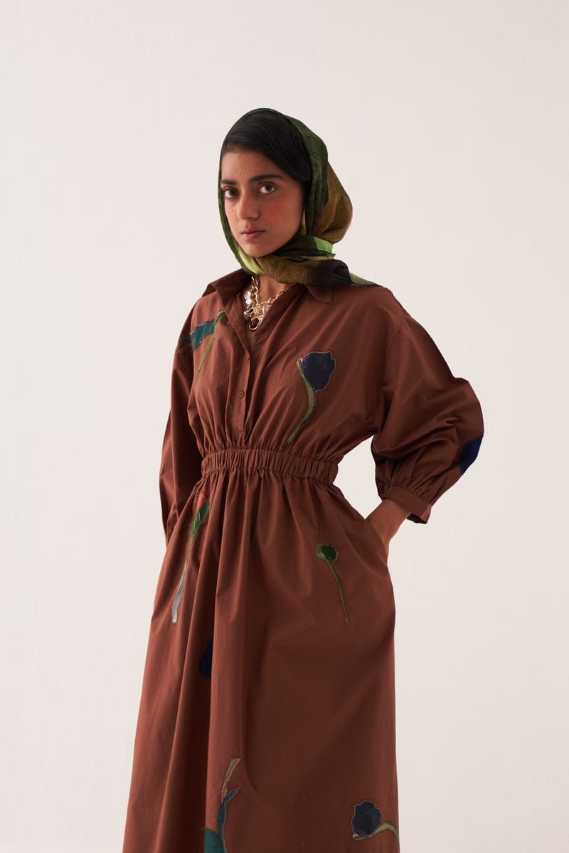 Brown Midi A-Line Shirt Dress with Floral Applique