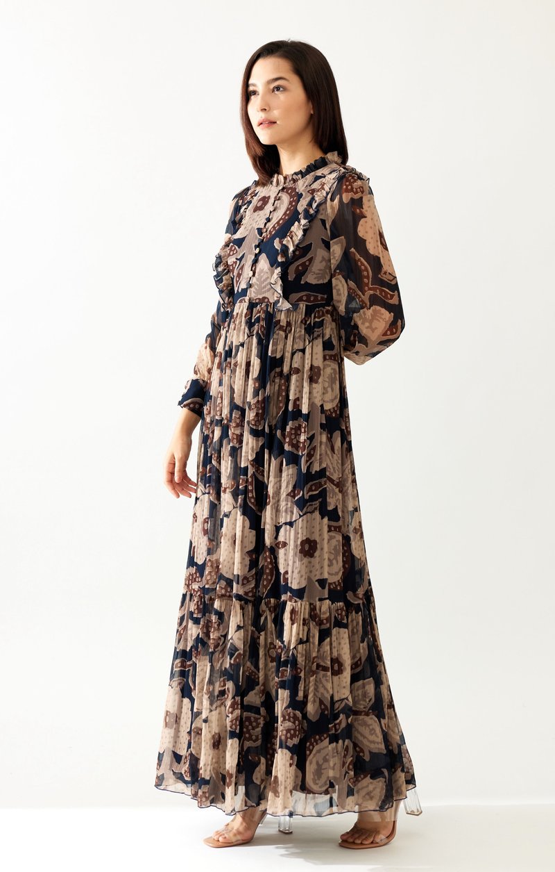 Dark Blue And Beige Floral Long Dress
