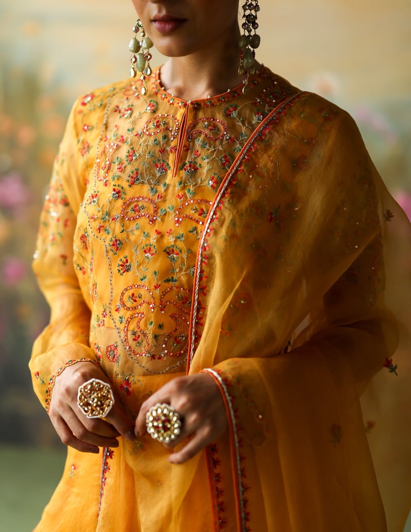 Turmeric Yellow Embroidered Organza Kurta Sharara Set