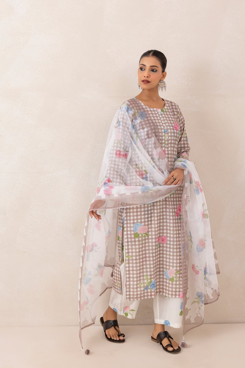Mushroom Grey Checked Floral Print Cotton Kurta Set