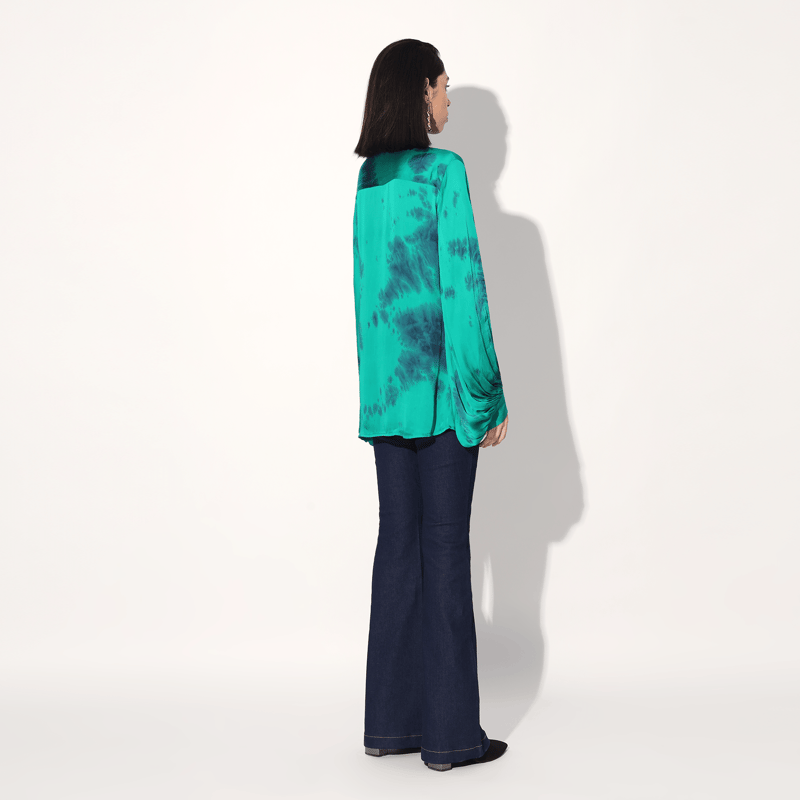 Green Tie-Dye Satin Balloon Sleeve Longline Shirt