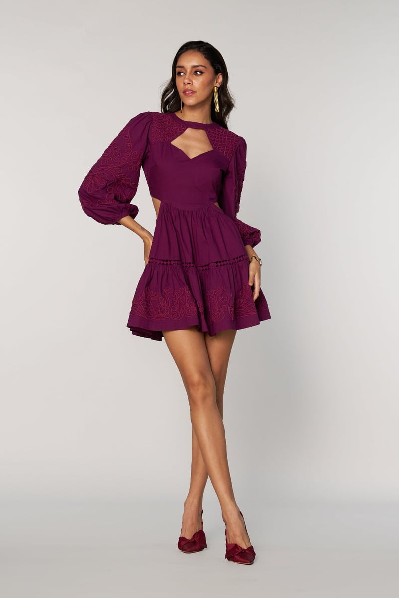 Purple Embroidered Keyhole Neck Tiered Mini Dress