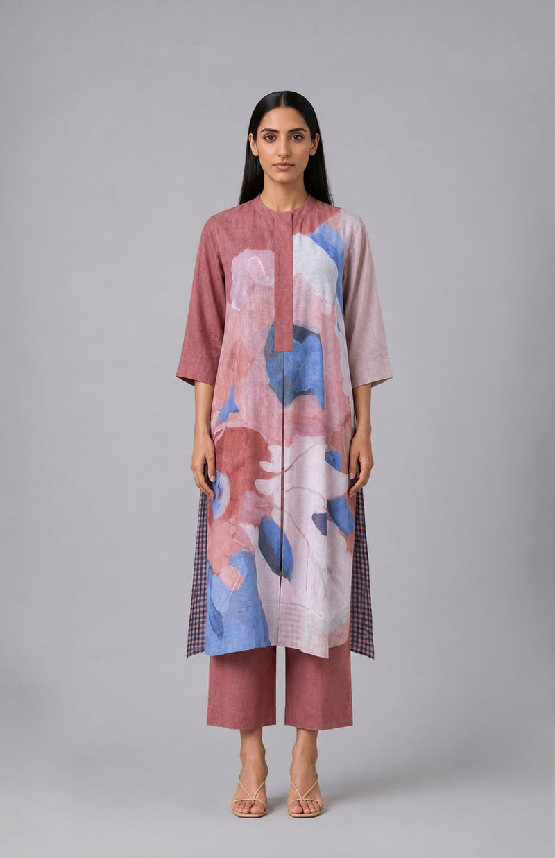 Rust Abstract Print Korean Linen Kurta Set — CLOS