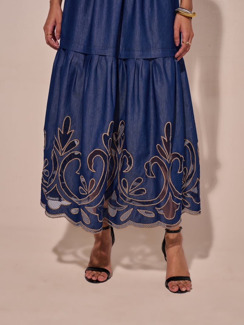 Blue Denim Tiered Midi Skirt with Cutwork Hem