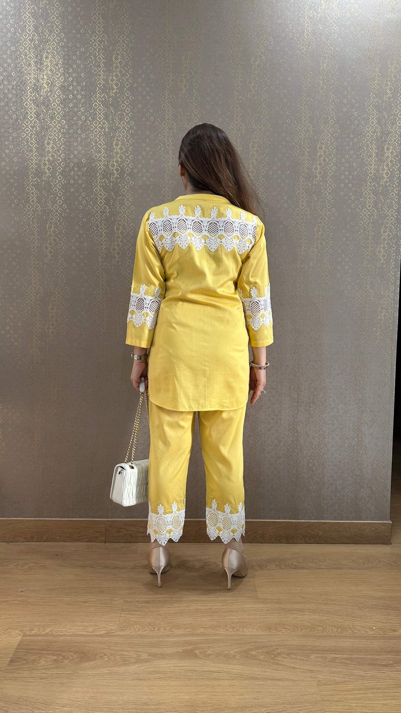Lemon Cotton Lace Shirt and Pant Co-ord Set