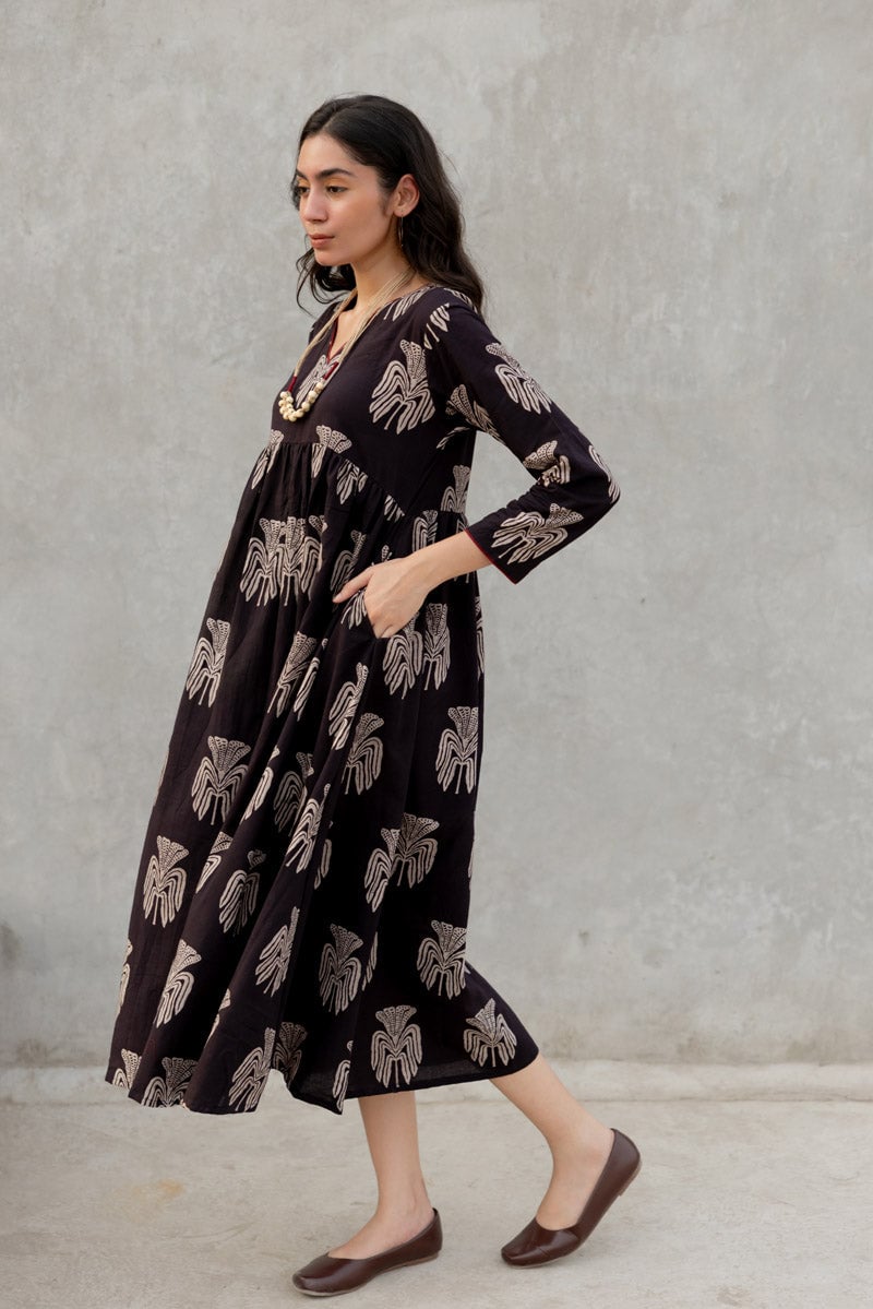 Black Block Print Fit and Flare Maxi Dress