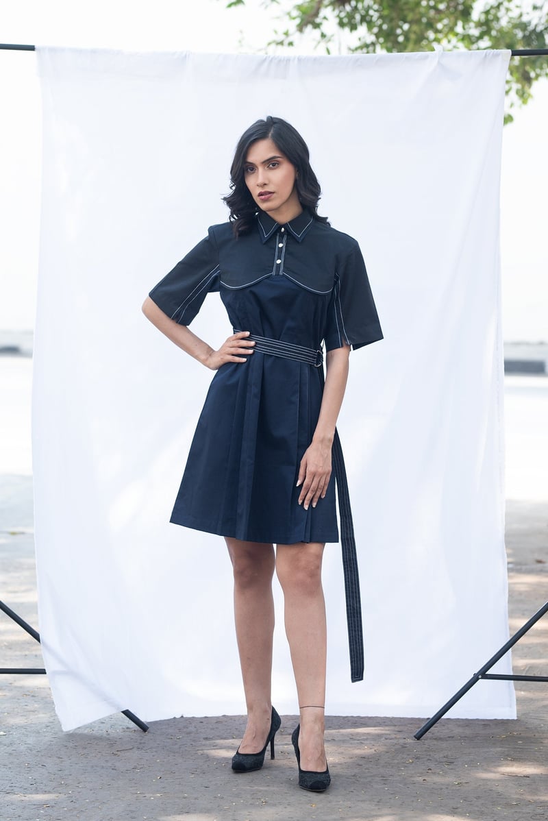 Navy Two-Tone Belted Mini Shirt Dress