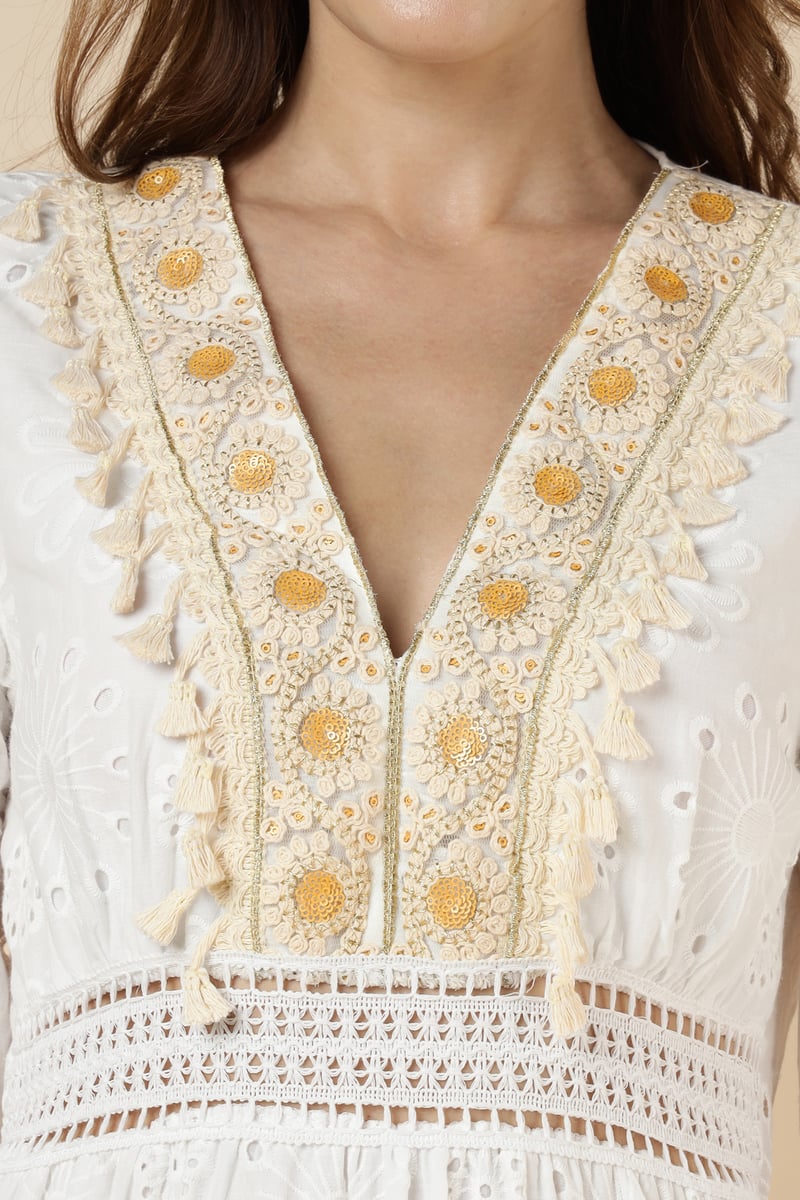 Ekru Tiered Cutwork Maxi Dress with Embellished V-Neck