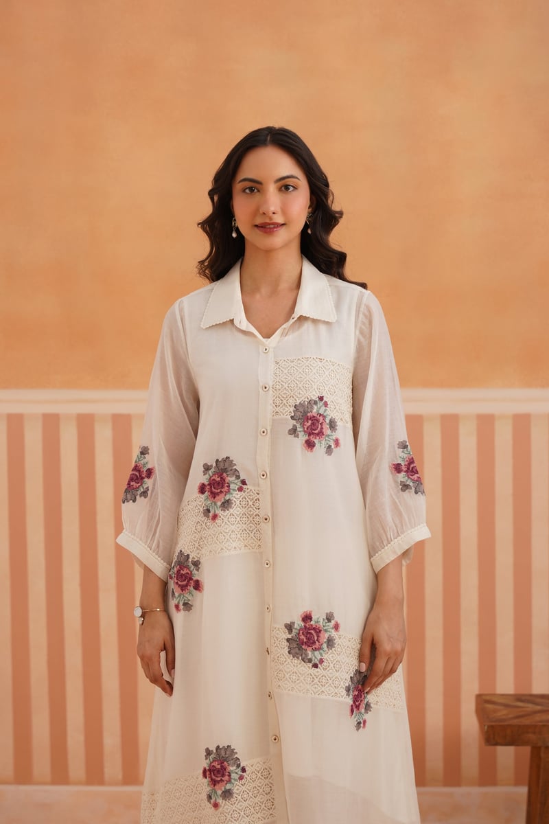 Off White Sheer Chanderi Shirt Kurta Set with Lace Panels