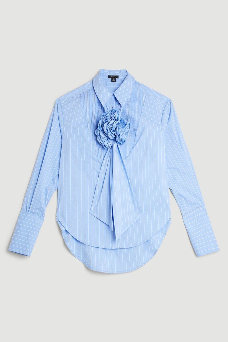 Blue Striped Cotton Shirt with Rosette Tie Neck