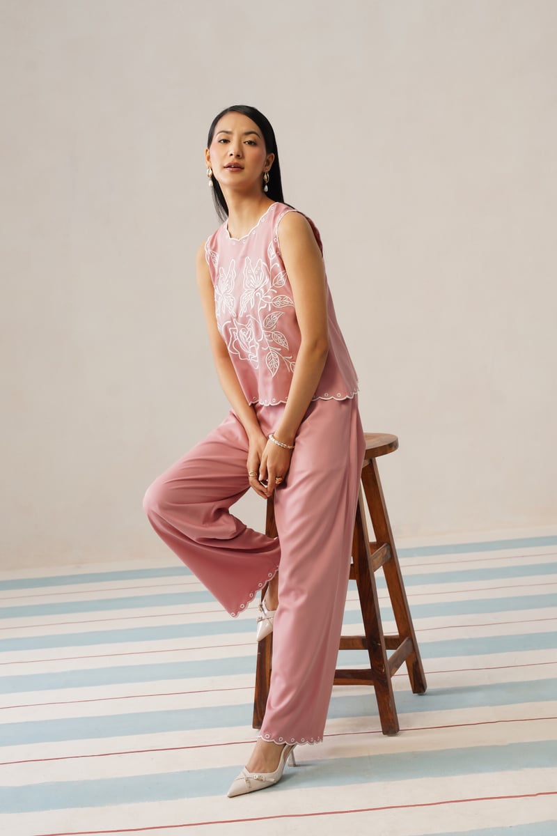 Pink Embroidered Sleeveless Top and Wide-Leg Co-ord Set