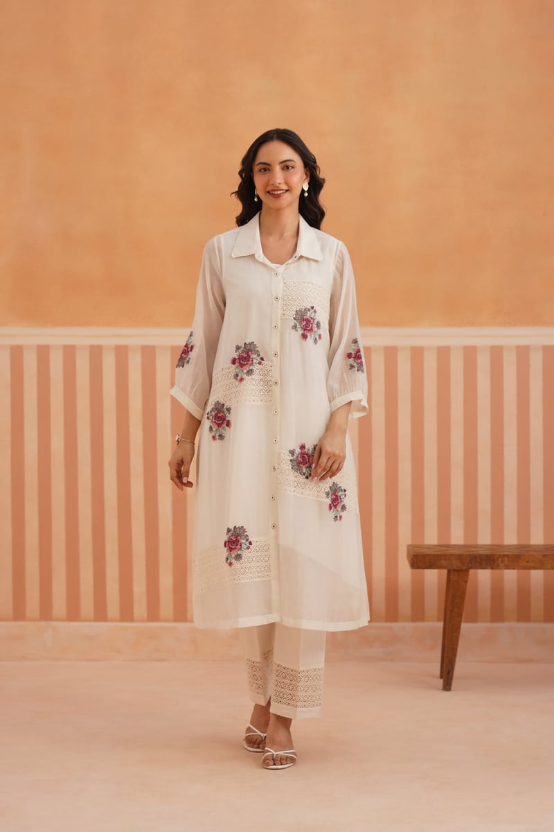 Off White Sheer Chanderi Shirt Kurta Set with Lace Panels
