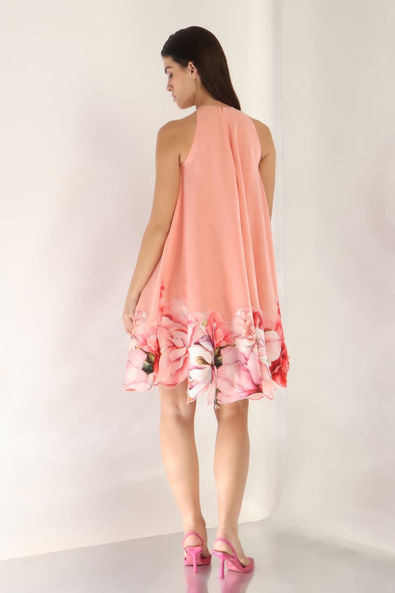 Peach High-Neck A-Line Mini Dress with Floral Hem