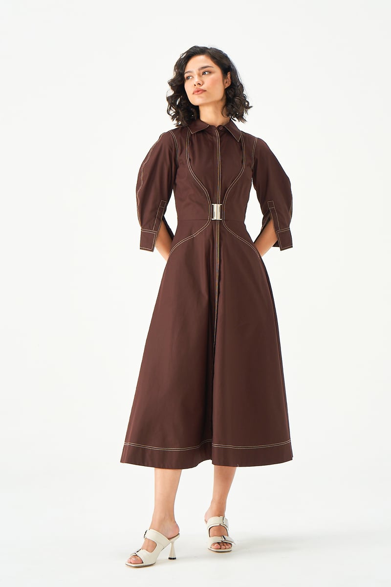 Brown Cotton Fit and Flare Midi Dress with Buckle Detail
