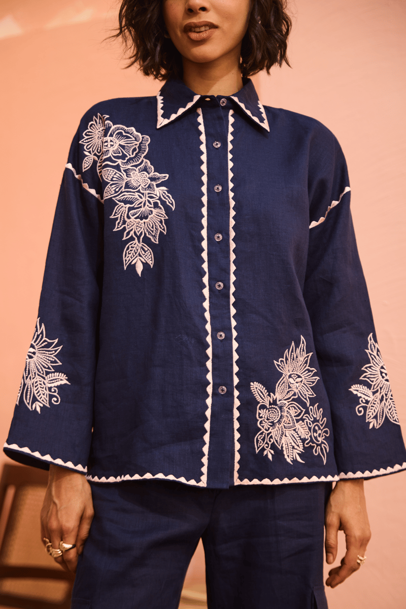 Navy Linen Embroidered Shirt and Flared Pants Co-ord Set