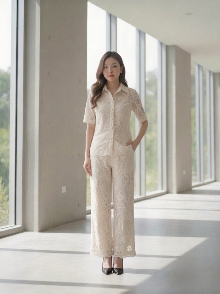 Cream Lace Shirt and Wide-Leg Pants Co-ord Set — DODO & MOA