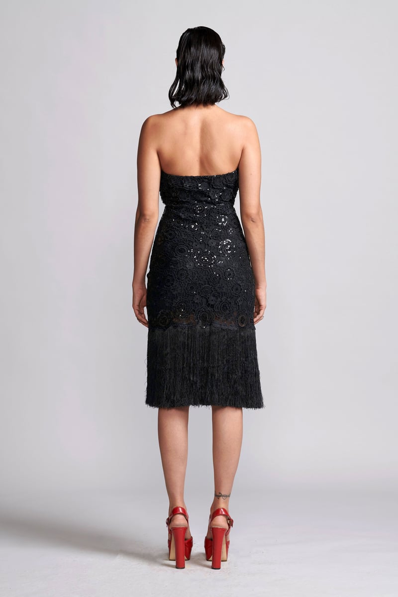 Black Strapless Sequin Lace Fringe Hem Midi Dress