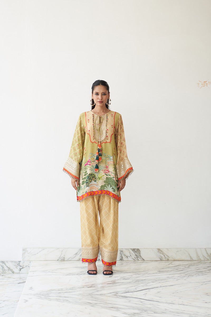 Mustard Yellow Printed Kurta Set with Mirror Work