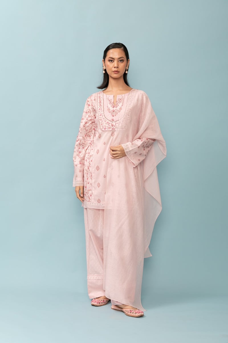 Baby Pink Tonal Floral Print Kurta Set with Organza Sleeves