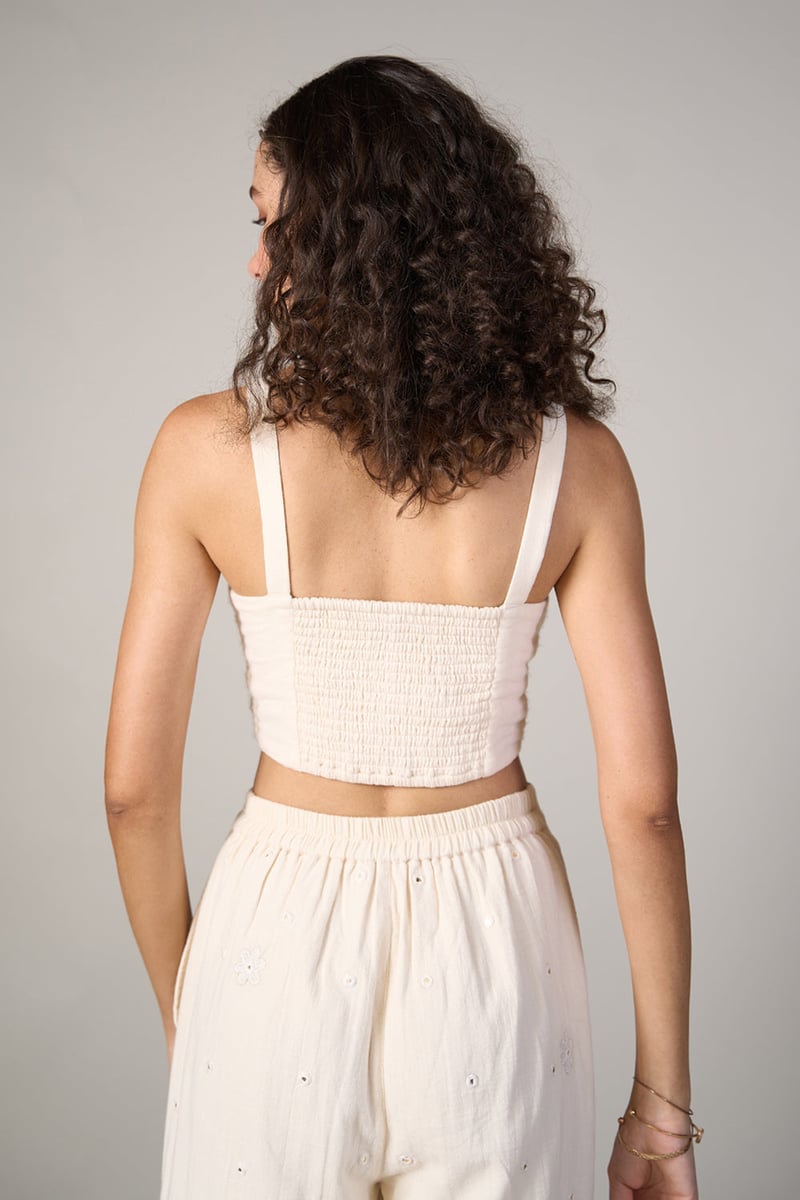 White Square Neck Mirror Embroidered Crop Top