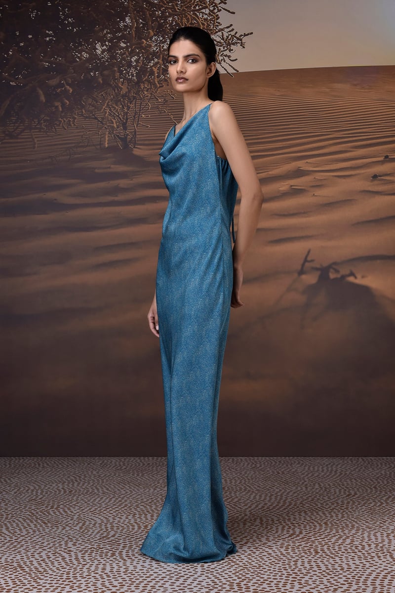 Retro Blue Satin Cowl Neck Maxi Gown