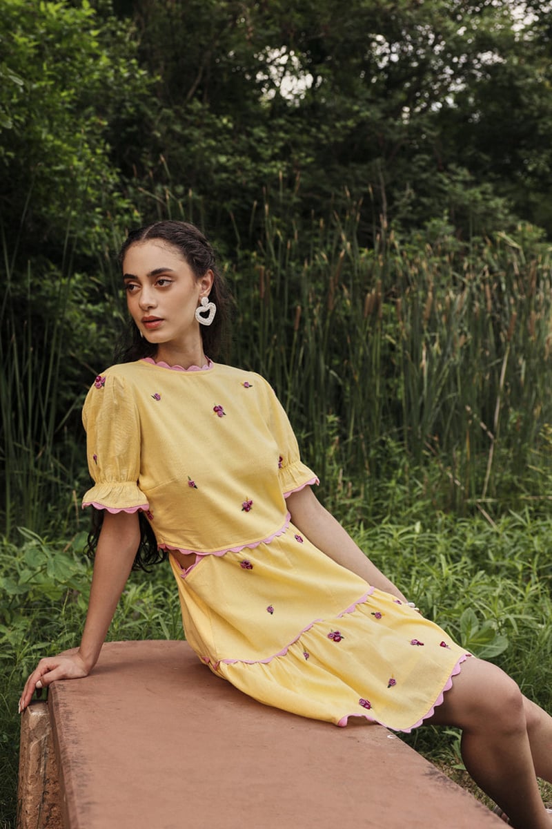 Buttercup Yellow Tiered Mini Dress with Floral Embroidery