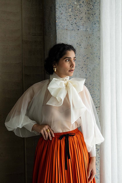 Off-White Sheer Organza Bow-Neck Statement Top