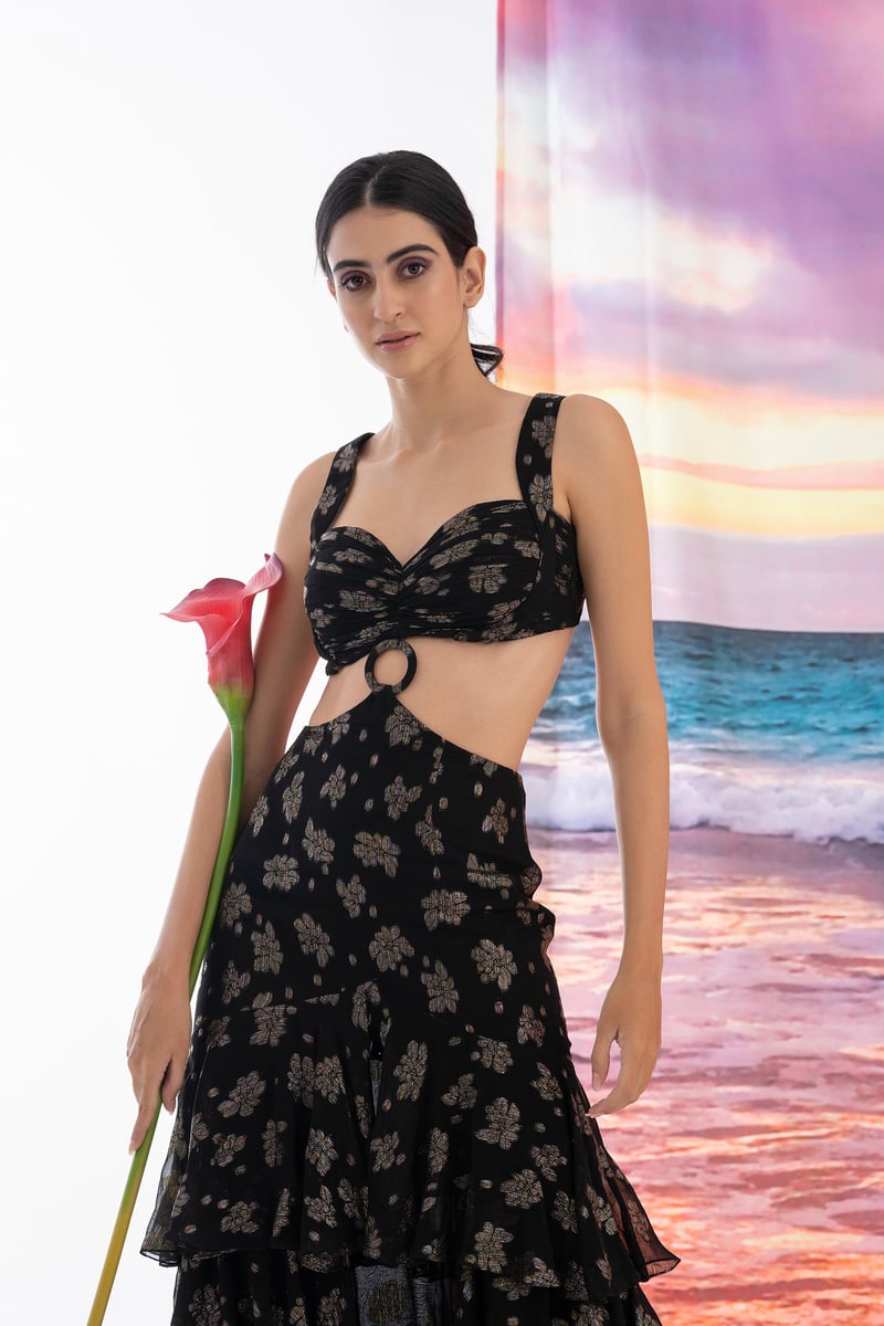 Black Metallic Floral Cut-Out Tiered Maxi Dress — AMRTA BY GUNEET KONDAL