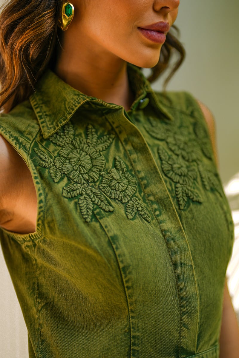 Olive Green Denim Tiered Maxi Shirt Dress with Yoke Embroidery